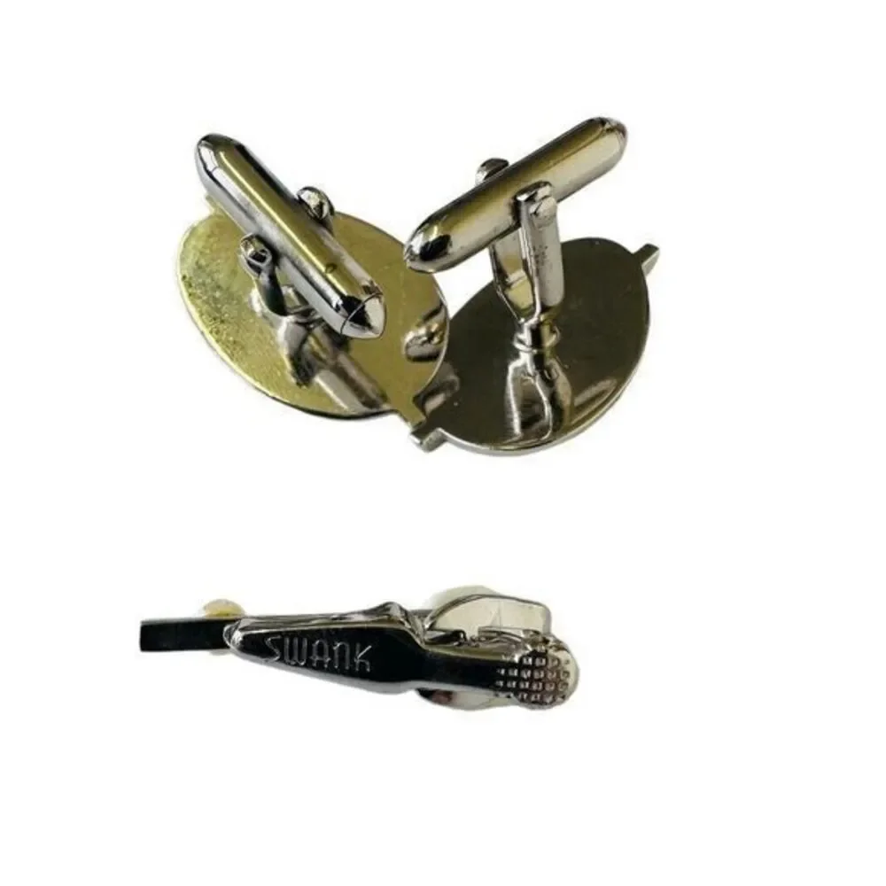 Swank Set Silver‎ Tone Faux Pearl Cuff Links & Matching Tie Clip Vintage